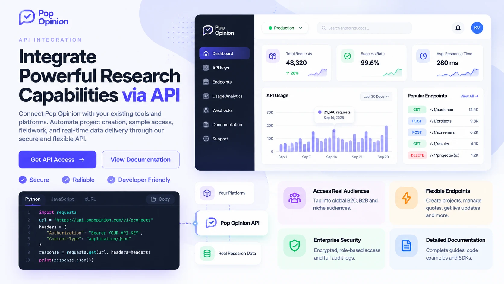 Pop Opinion API dashboard and usage analytics preview